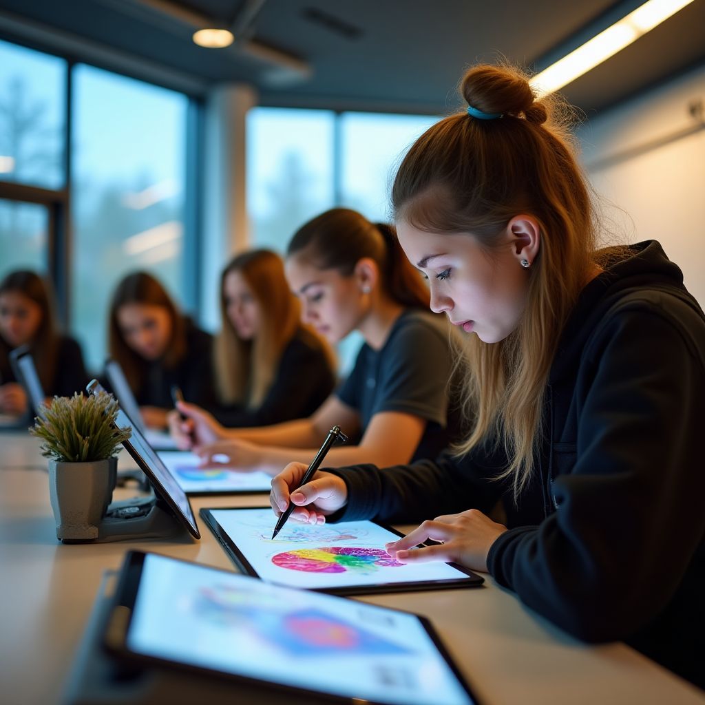 Estudiantes trabajando en proyectos de diseño gráfico